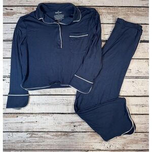Tommy John Women's Long Sleeve Pajama Top & Pant Set Navy Blue White Piping S